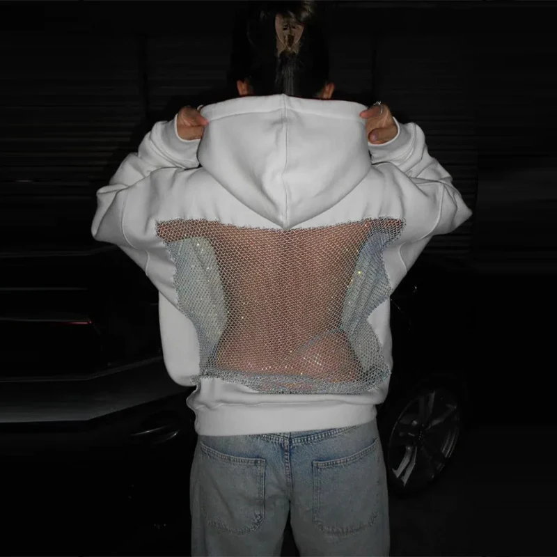 Chique oco para fora jaqueta com capuz para mulheres gótico oco malha sweatsuit sólido emendado streetwears 2025 nova senhora moda y2k outwear