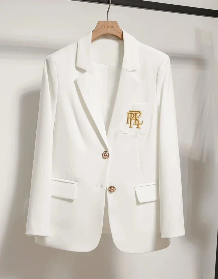 Damska marynarka Casual Office Formal Blazer Coat Haft Biała marynarka z pojedynczym kołnierzem Wysoka jakość