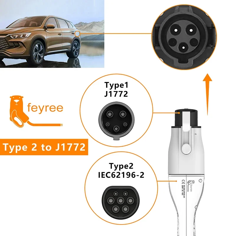 Адаптер зарядного устройства для электромобилей feyree Type2 IEC62196-2 на Type1, автомобильная розетка для зарядки, адаптер зарядного устройства переменного тока, 32 А, 1 фаза, 3,5 кВт, 7 кВт, максимальный электромобиль