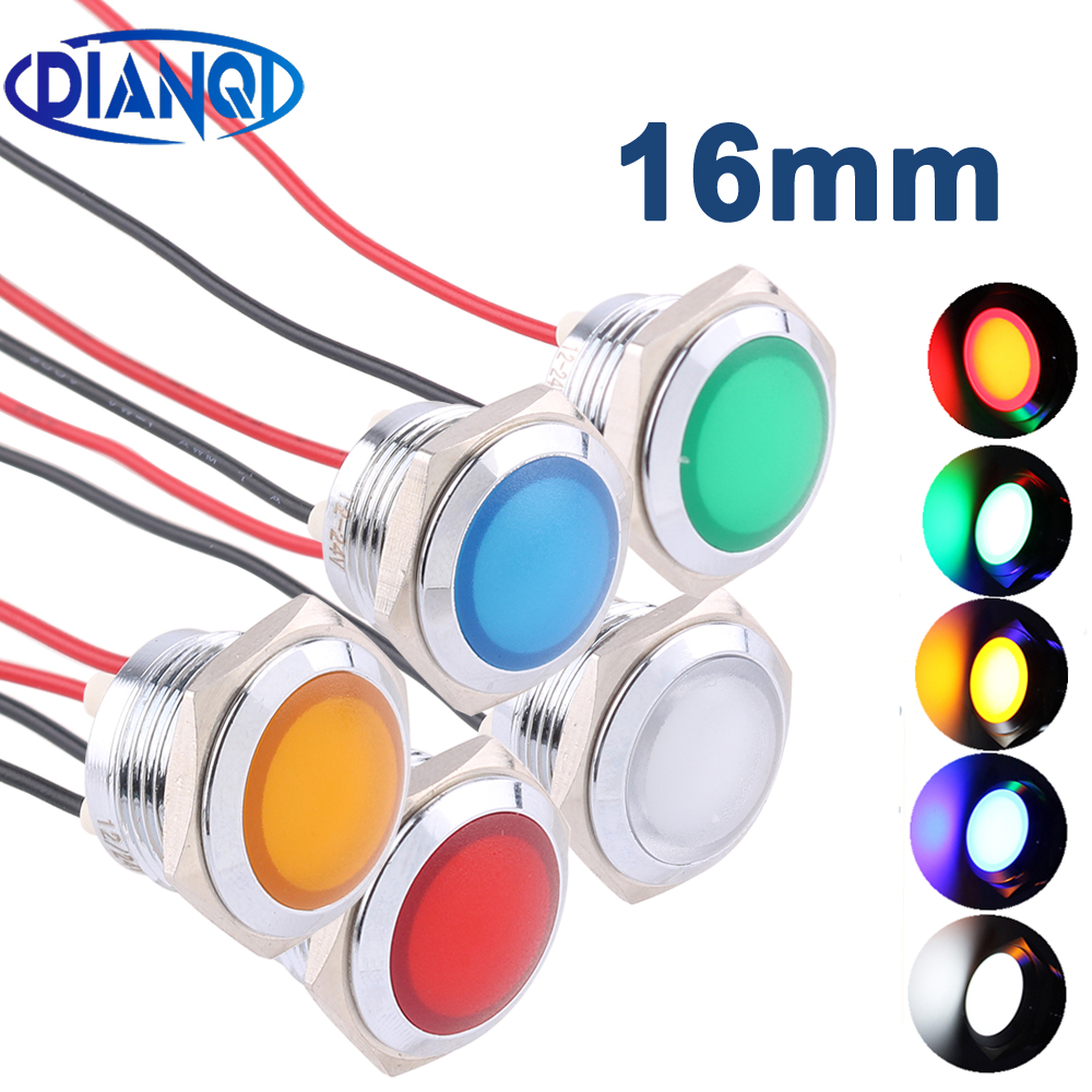 Luz indicadora de Metal LED 16mm lámpara de señal impermeable luz 3V 6V 12V 24V 220v tornillo conectar rojo amarillo azul blanco 16ZSD.QX.X