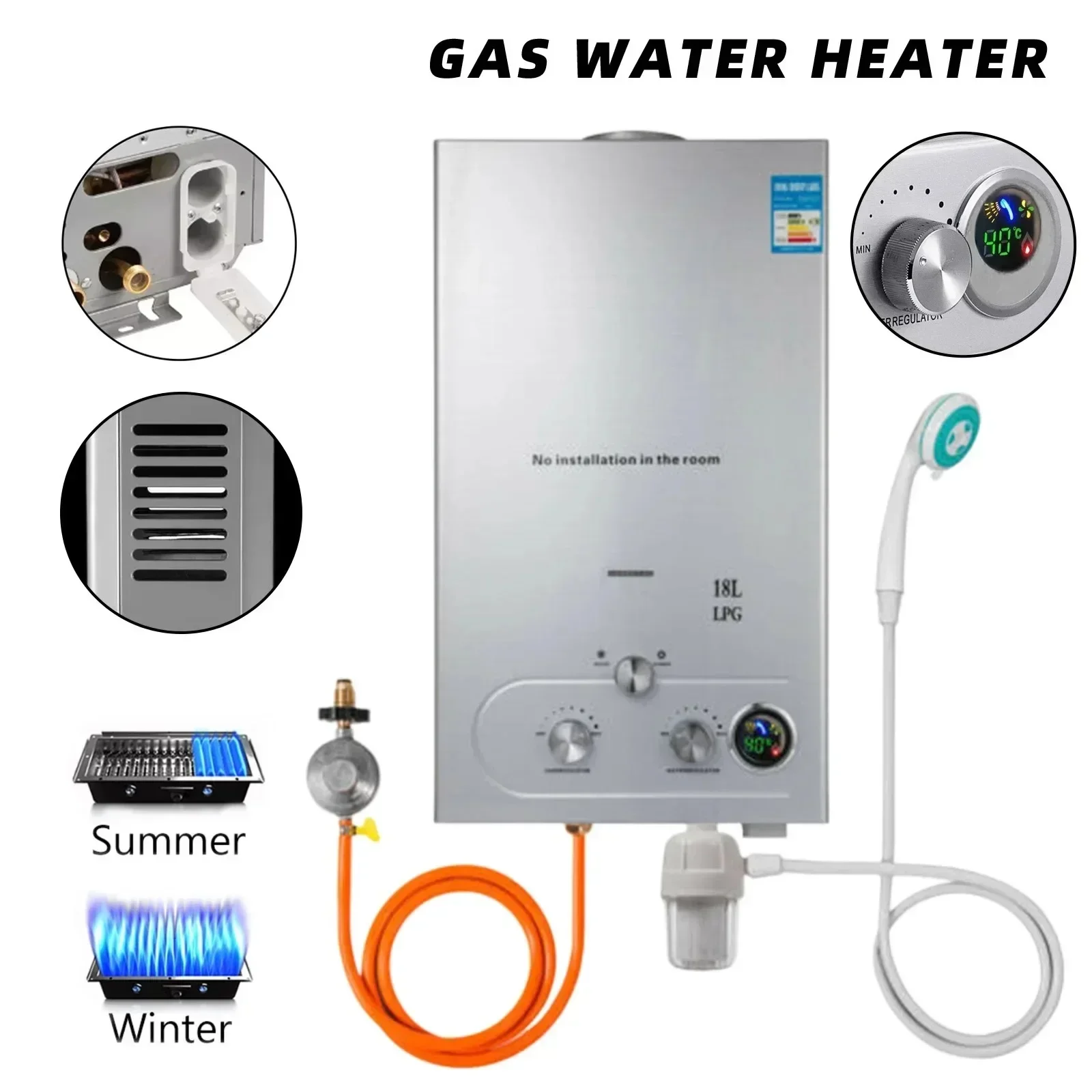LPG 6L/8L/10L/12L/16L/18L Wasser Heizung 36KW Natychmiastowy gaz płynny Wasser heizung Edelstahl Kessel Kit Portable