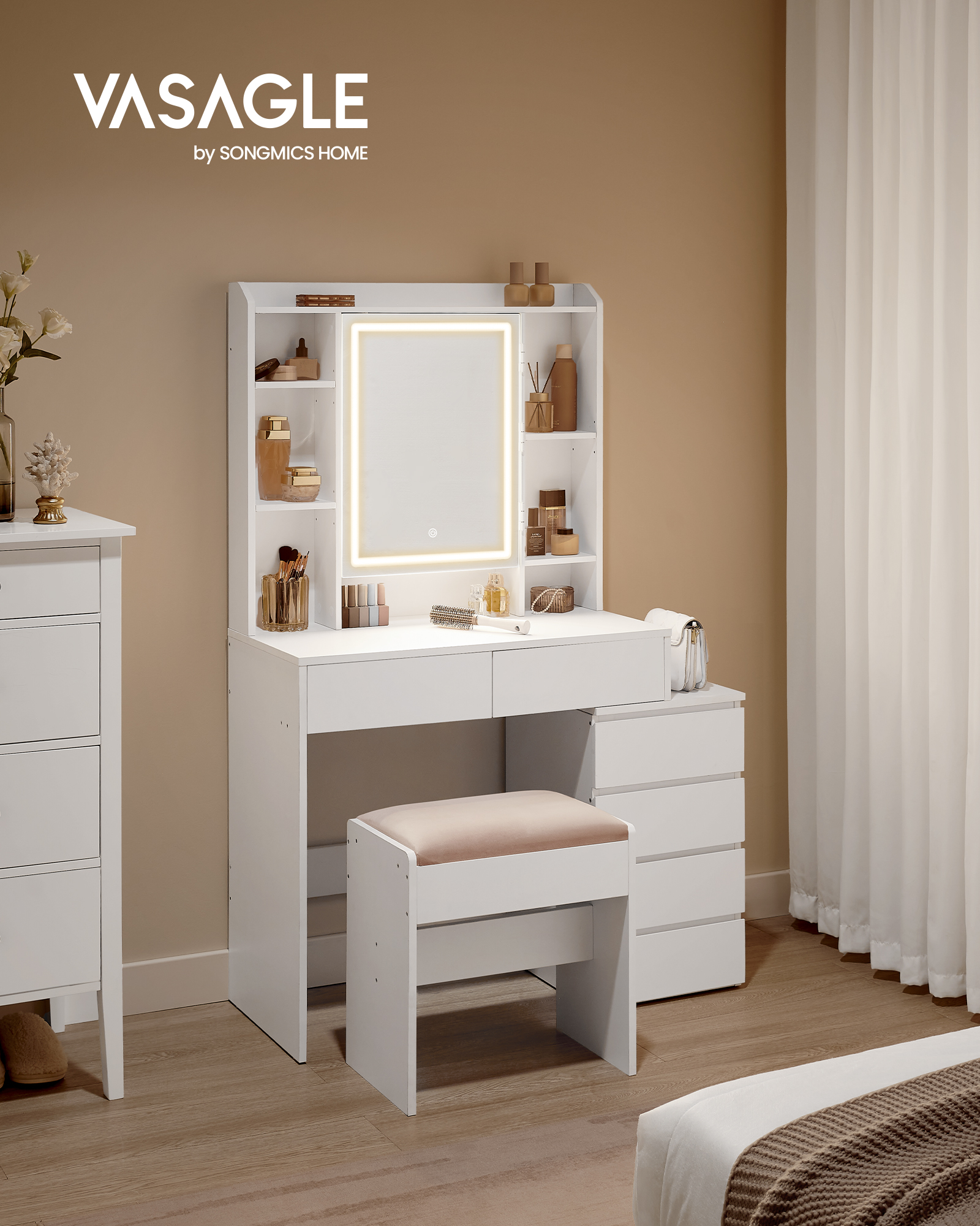 VASAGLE Makeup Vanity with Adjustable Brightness LED Lights, Mirror, Open Compartments, Adjustable Shelves, Modern White Cloud