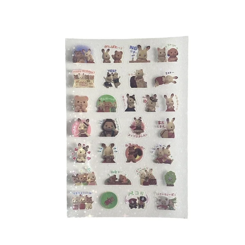 6 個日本のレトロかわいい漫画森林動物ステッカー PET 美的フラッシュフィルム DIY ステッカージャーナルスクラップブック電話ケースデカール