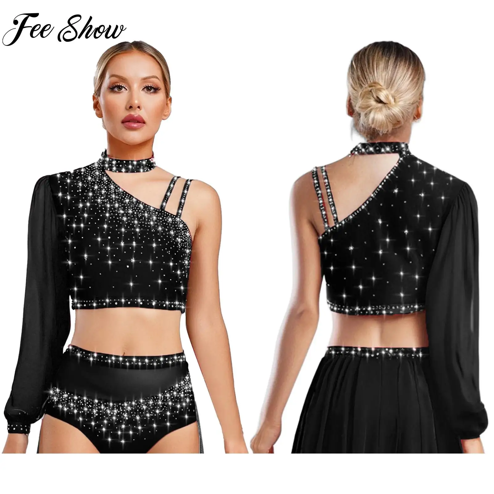Asymmetrisches lateinamerikanisches lyrisches Tanz-Performance-Kostüm für Damen, Strass-Mesh-Crop-Top mit Röcken, langärmelig, moderne Tanzkleidung