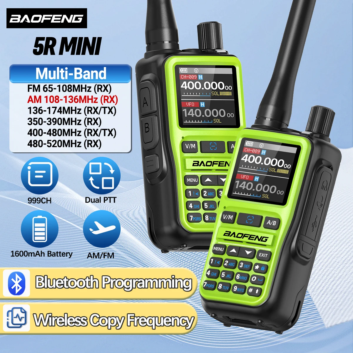 2 uds Baofeng UV-5R Mini Walkie Talkie NOAA Bluetooth programación USB-C carga AM copia inalámbrica frecuencia banda completa FM bidireccional