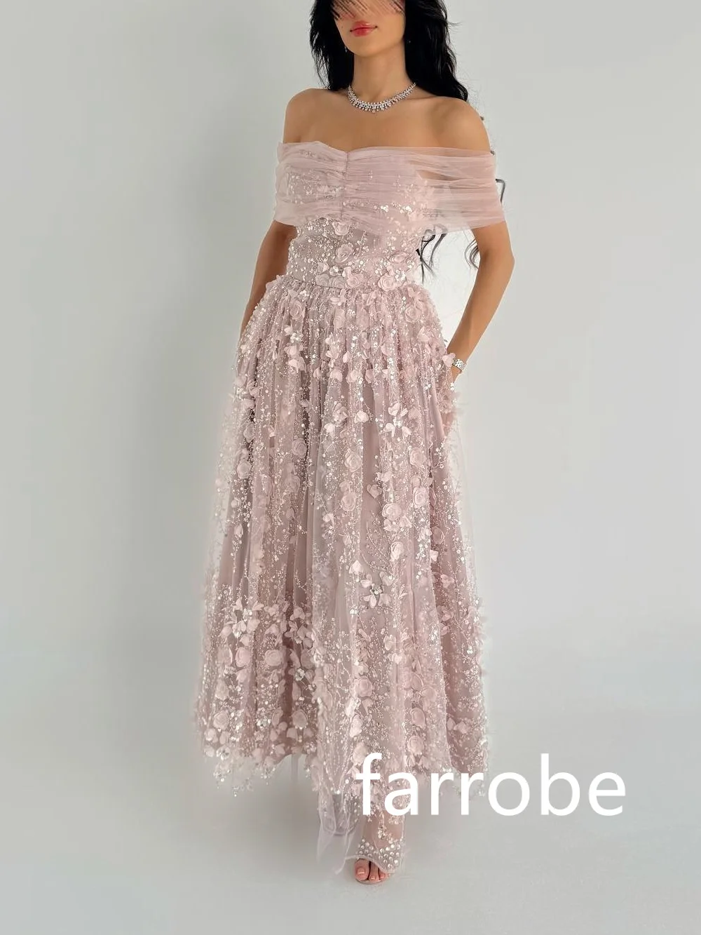 Customized Sparkle Net Pleat Sequined A-line Off-the-shoulder Midi Dresses Homecoming Dresses Classic Exquisite Modern Style Pas