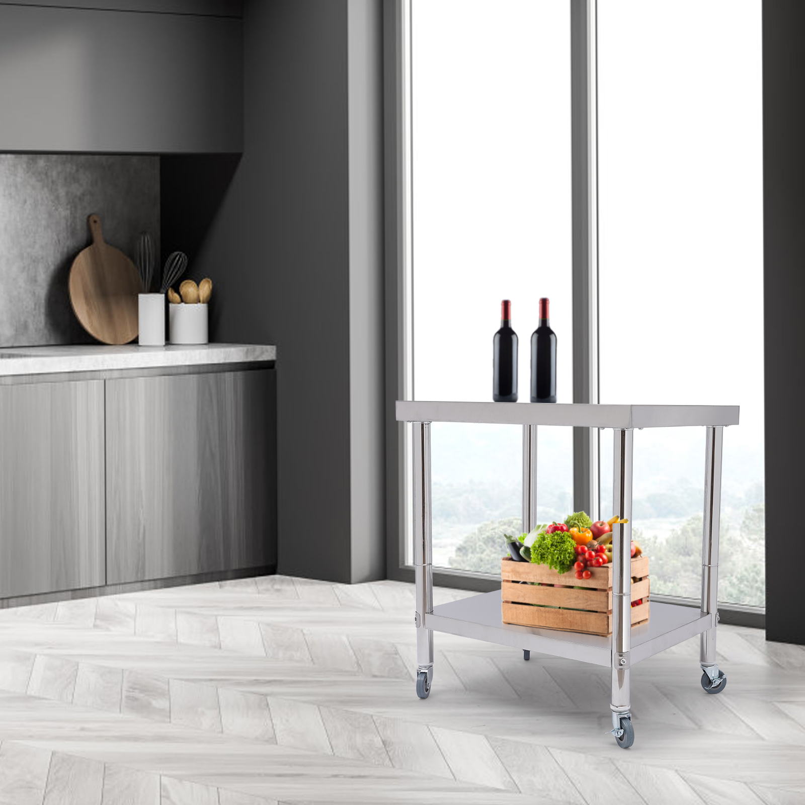 Mesa de trabalho de aço inoxidável, bancada de duas camadas com quatro rodízios práticos para preparação de alimentos e armazenamento de itens