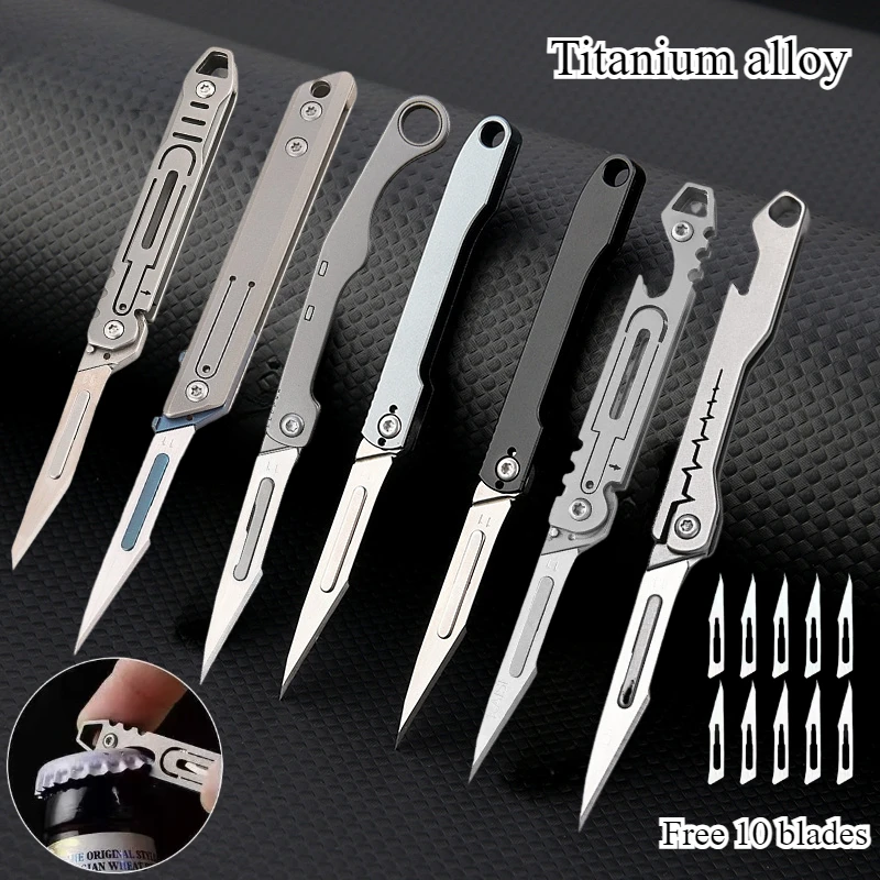 NEW Mini Titanium Alloy Folding Surgical Knife Outdoor Camping Portable EDC Knife Comes with 10pcs Free Blades