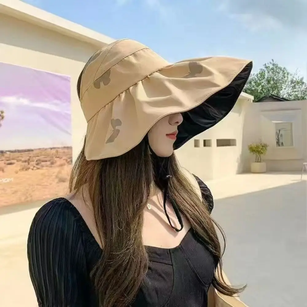 UV Protection Large Visor Sun Hat Foldable Empty Top Summer Sun Cap Adjustable Korean Style Sunscreen Bucket Hat Beach