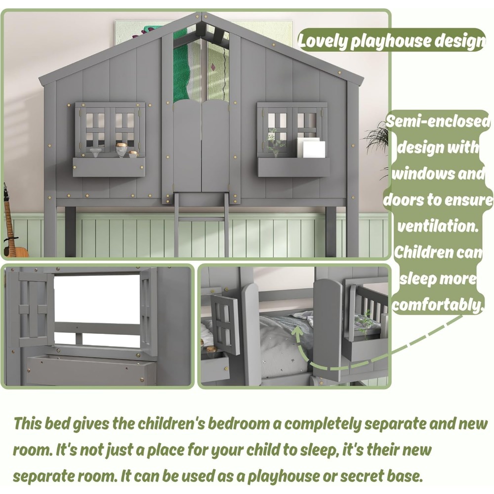 House Bunk Bed Twin Over Twin for Kids, Wood Bunk Beds, Floor Bunks Beds with Ladder and Guard Rails for Girls Boys,Grey