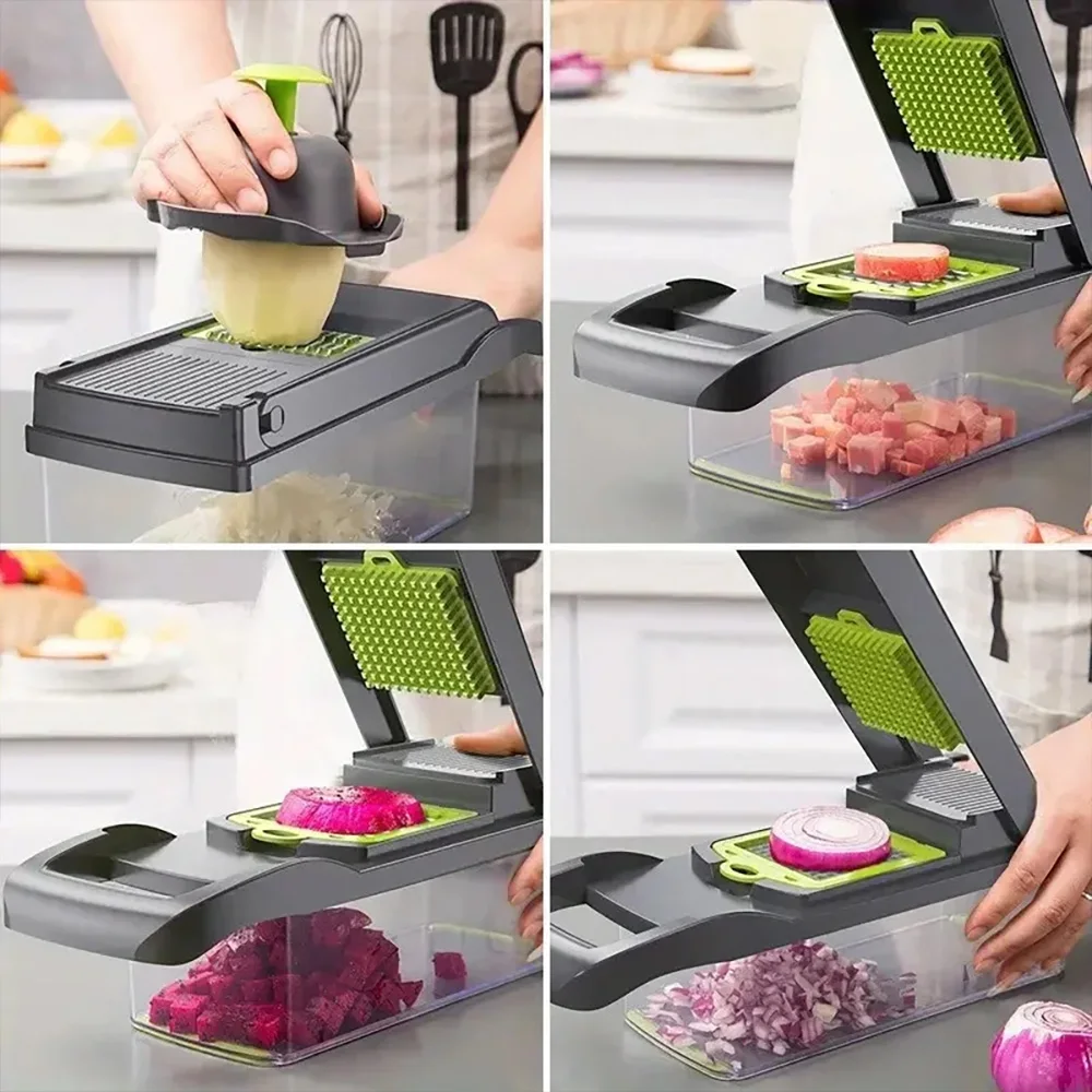 Picador de vegetais multifuncional 16 em 1, alça ralador de alimentos, separador de líquido de ovo, descascador, fatiador de vegetais, cortador de cozinha