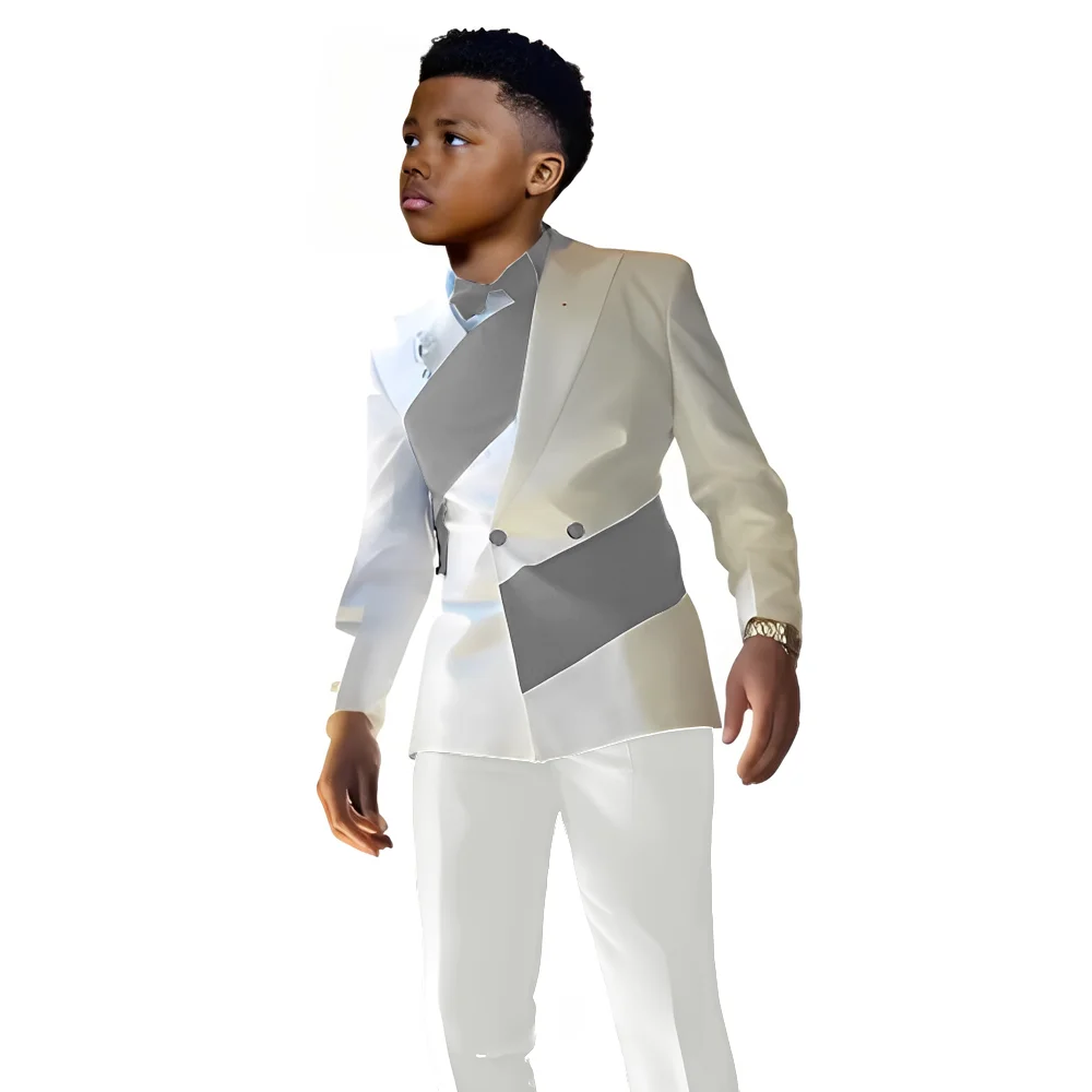 Satijnen jongenspak 2-delige set witte jas met dubbele rij knopen en broek bruiloft smoking kinderen voor 2-16 jaar oude jongen slim fit pak