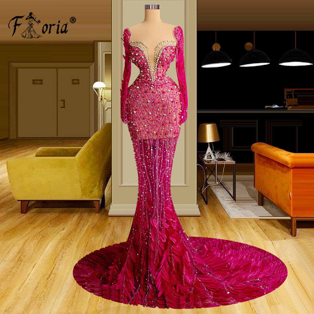 2 Designs Luxus stark Perlen Federn Perlen Meerjungfrau Abendkleid lange Ärmel formelle Event Kleider vestidos de festa plus siz