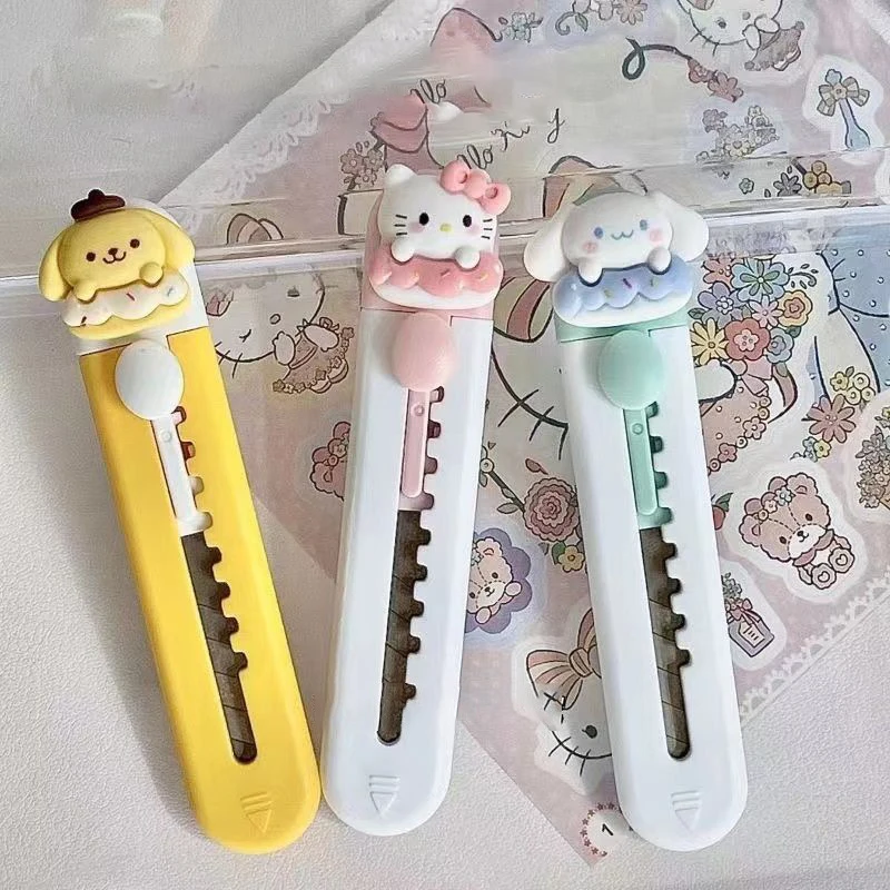 Couteau d'art dessin animé Hello Kitty cannelle, 3 pièces, mignon Purin Portable Express Unboxing, artefact de coupe de papier, outil d'art, cadeaux