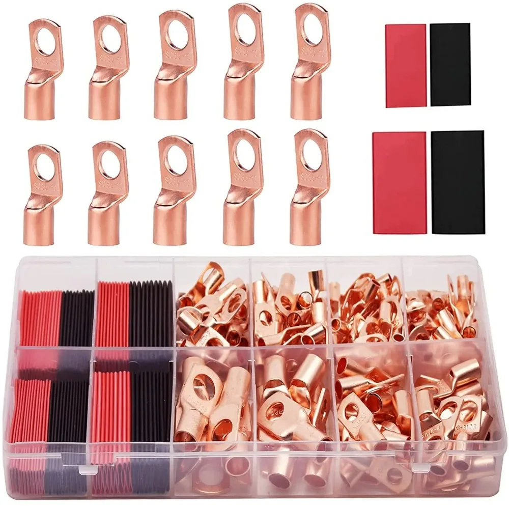100 Uds conectores de terminales de cobre, AWG 4 6 8 10 12 Kit de terminales de anillo con tubo retráctil 50 terminales de Cable de batería, con 50 tubos retráctiles