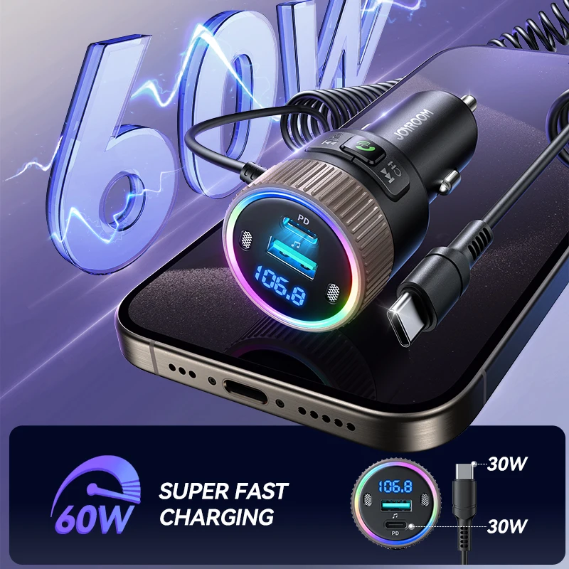 JOYROOM 60W Bluetooth 5.4 FM Transmitter PD QC 3.0 Super Fast Car Charger Dual Mics HiFi Deep Sound USB C Car Charging Adapter