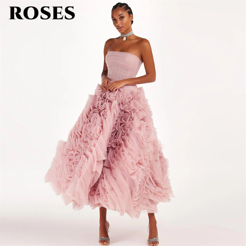 Rosas roxo elegante lindo vestido de baile tule sem alças vestido formal com pregas em camadas vestido de noite linha a direcciones  nne inclusmo personalizado
