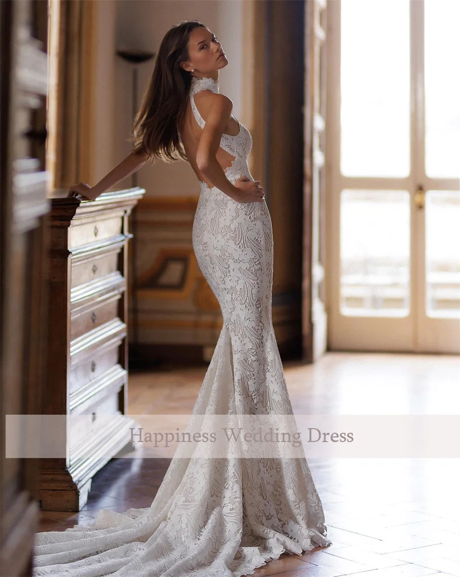 ที่กําหนดเอง Halter คอคุณภาพสูงลูกไม้ชุดแต่งงานเงือก Backless Zipper Custom ชุดเจ้าสาว vestido de novia