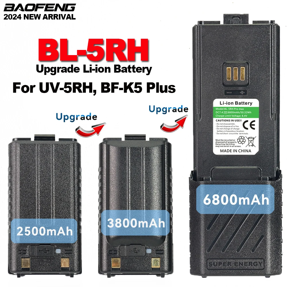BAOFENG UV-5RH Walkie Talkie Enlarge Battery 6800/3800/2500mAh BF-K5Plus UV-5RM GM-5RH AR-5RM Two Way Radio Extra Li-ion Battery