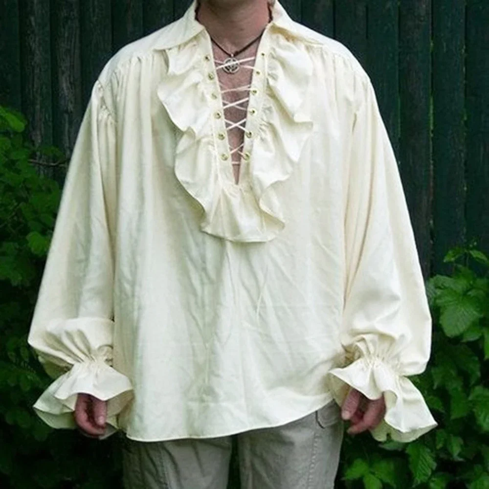 Costume rinascimentale da uomo con volant a maniche lunghe con lacci Camicia da pirata Steampunk medievale Cosplay Principe Dramma Costume di scena Top