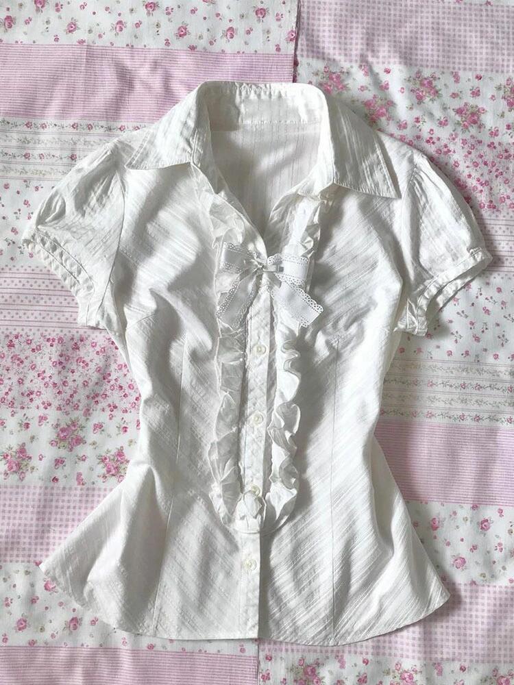 Y2k Tops T shirt 90s Vintage Clothes Women White Punk Slim Bow Aesthetic Lace Harajuku Girl Tees Crop Top Femme Short Sleeve Tee