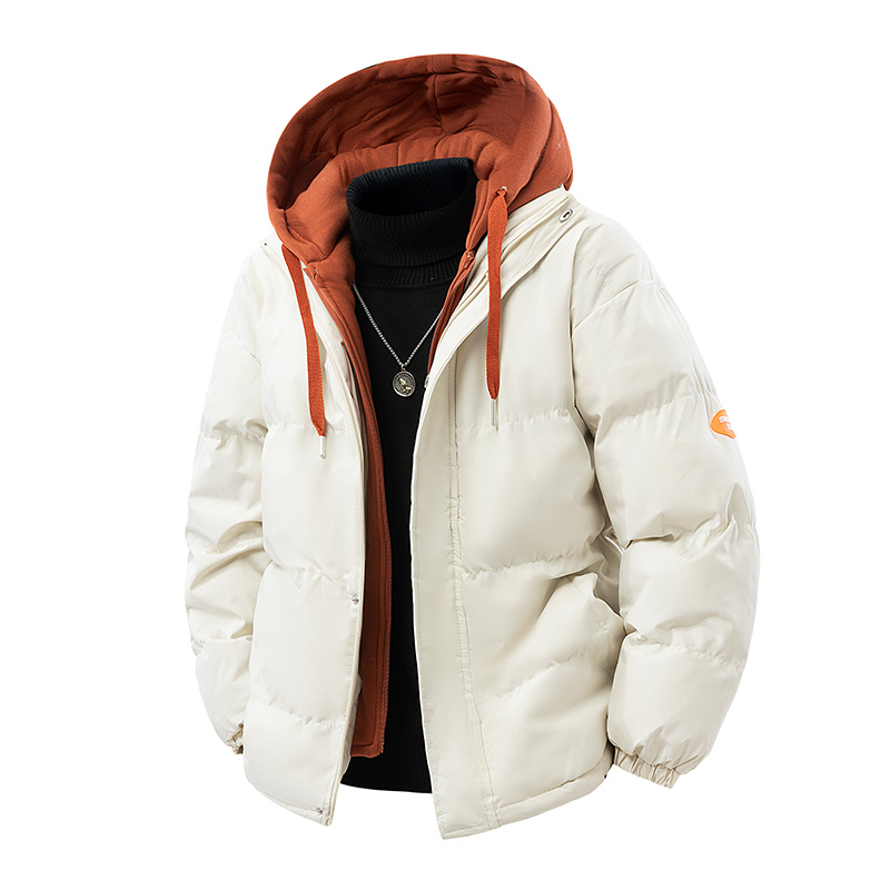 2025 masculino quente parkas casual algodão-acolchoado jaqueta de inverno na moda falso de duas peças com capuz pão algodão-acolchoado jaquetas casacos