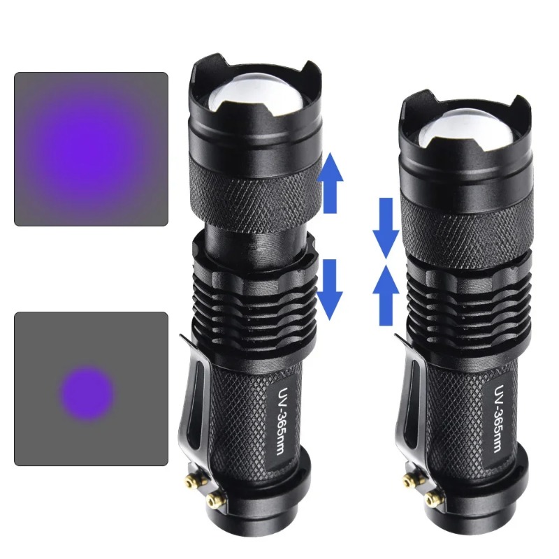 Mini linterna UV LED de 395/365nm, linterna ultravioleta con zoom, luces ultravioleta, lámparas de inspección, Detector de manchas de orina de mascotas