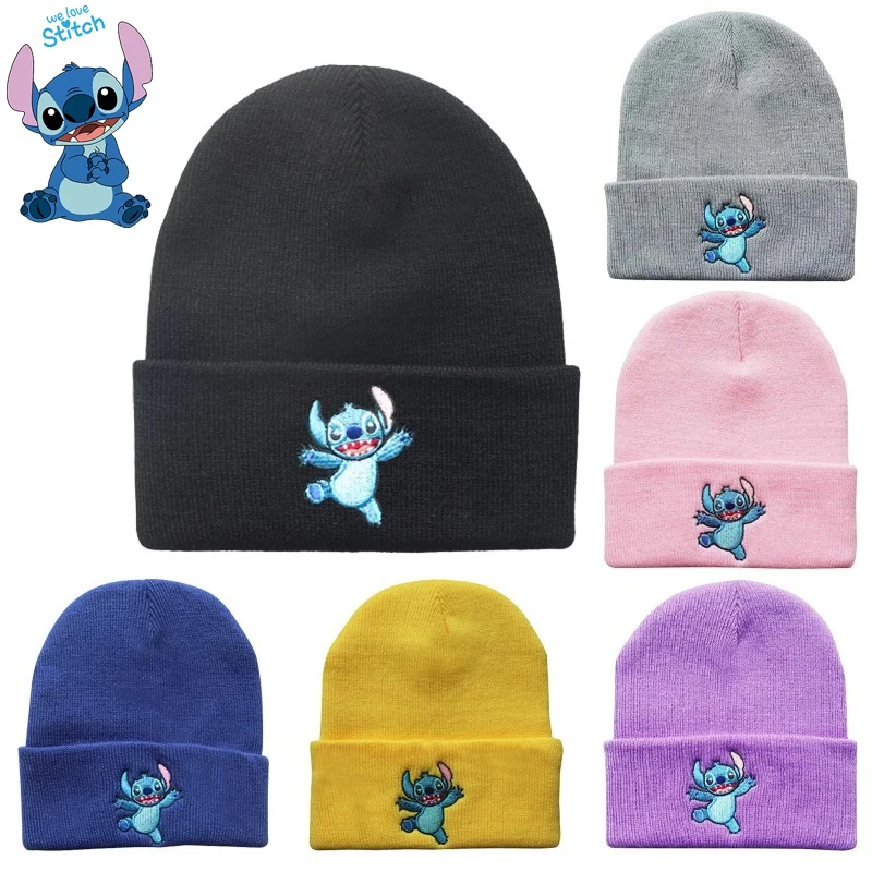 Disney Stitch Skullies การ์ตูนอะนิเมะหมวกหมวกผู้หญิงฤดูใบไม้ร่วงฤดูหนาว Windproof อบอุ่นถักหมวกนักเรียนปักหมวกยืดหยุ่น