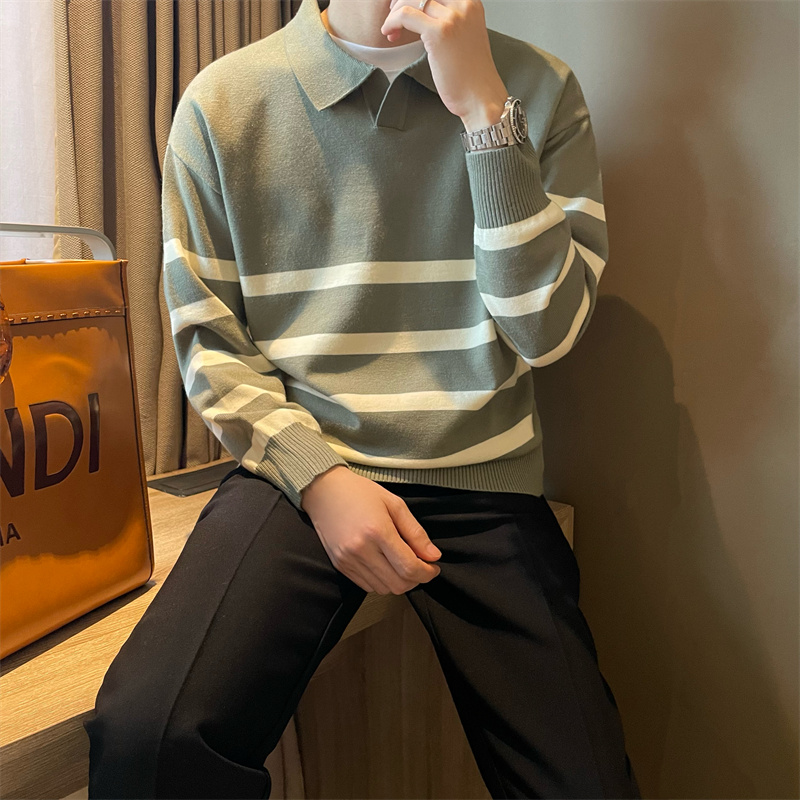 Otoño Simple solapa suéter a rayas para hombres Casual Vintage moda coreana prendas de punto última novedad Y2K Jersey de punto suelto Jumper
