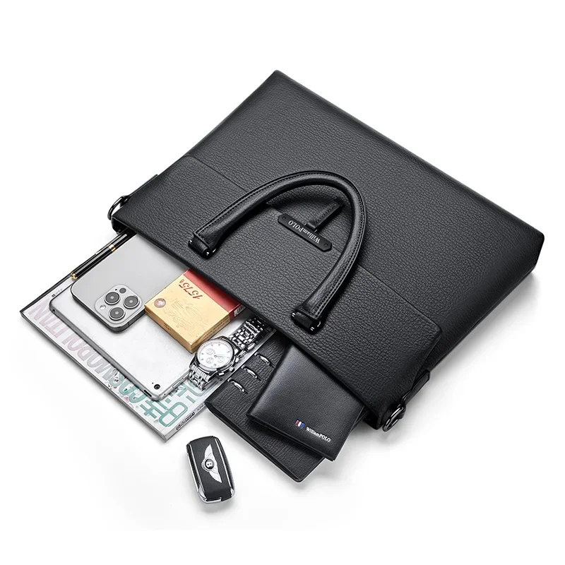 Valigetta da uomo Tote Strato superiore in pelle bovina Borsa per computer impermeabile da 14 pollici Borsa a tracolla singola con retro nero