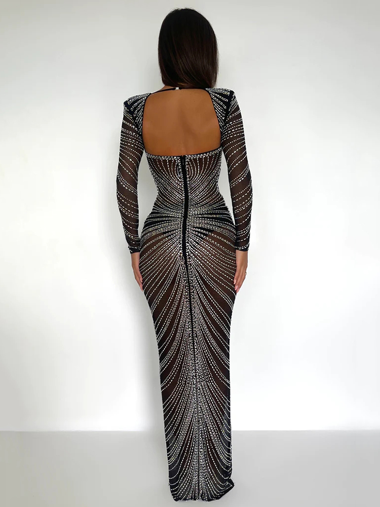 Mozision Glitter Mesh Durchsichtig Party Maxi Kleid Für Frauen Mode Volle Hülse Bodycon Sexy Club Lange Abendkleid Vestido