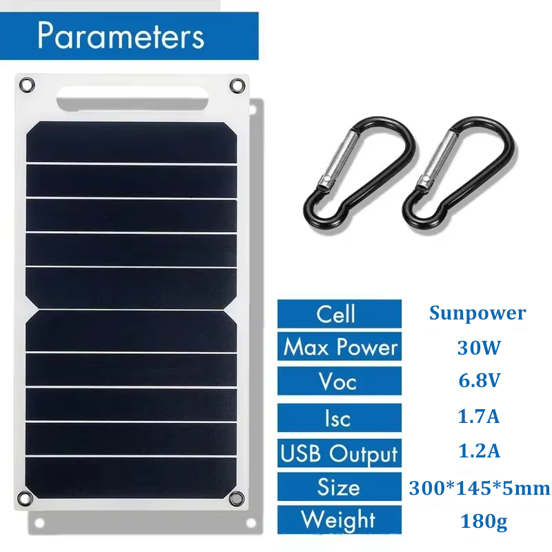 Painel solar 30w com usb, à prova d'água, caminhadas ao ar livre e acampamento, bateria portátil, banco de carregamento de celular, painel de carregamento 6.8v