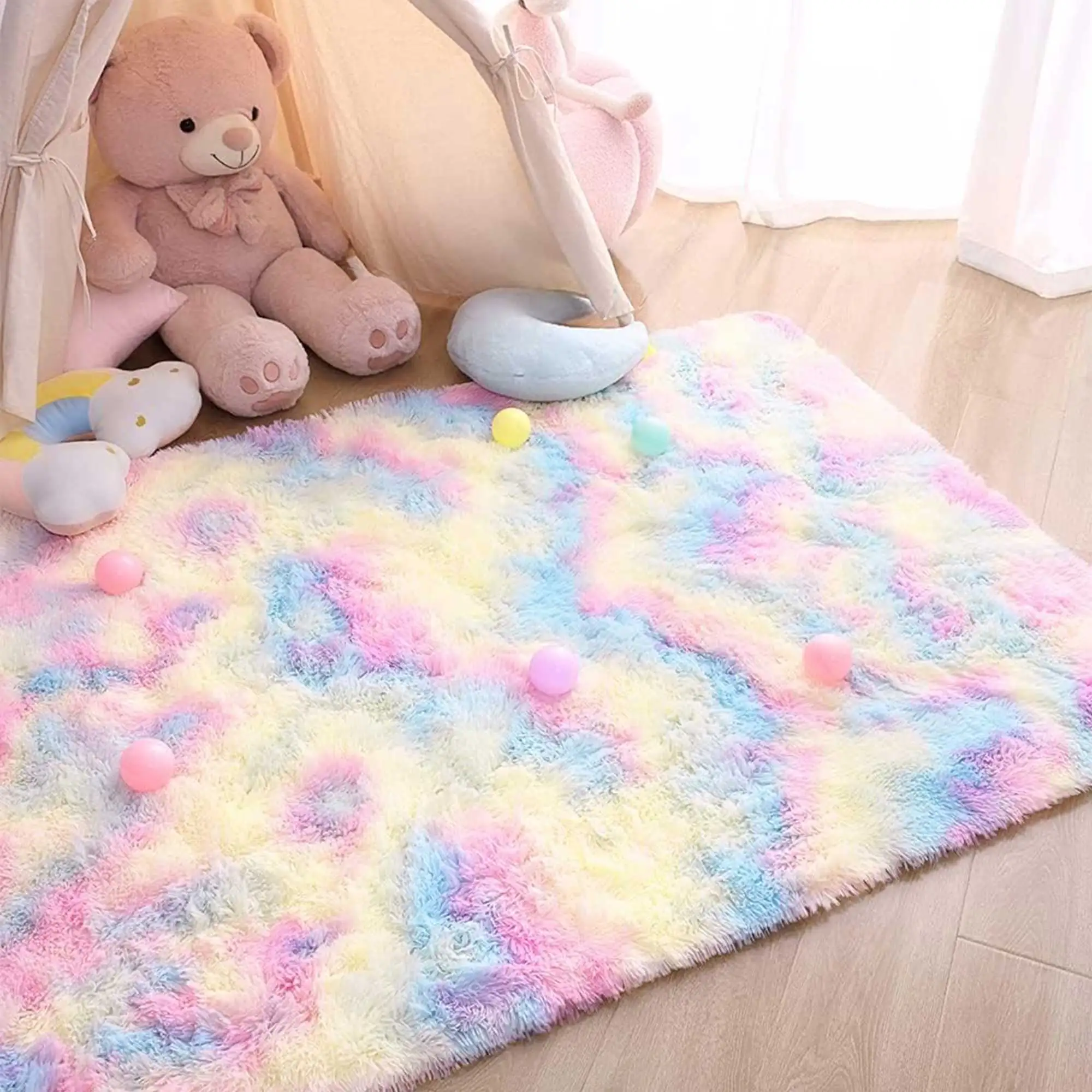 พรมเด็กสาวสายรุ้งสีพรมสําหรับห้องนั่งเล่นขนาดใหญ่ Soft พรมห้องนอนข้างเตียงเด็กชั้นน่ารัก Mats