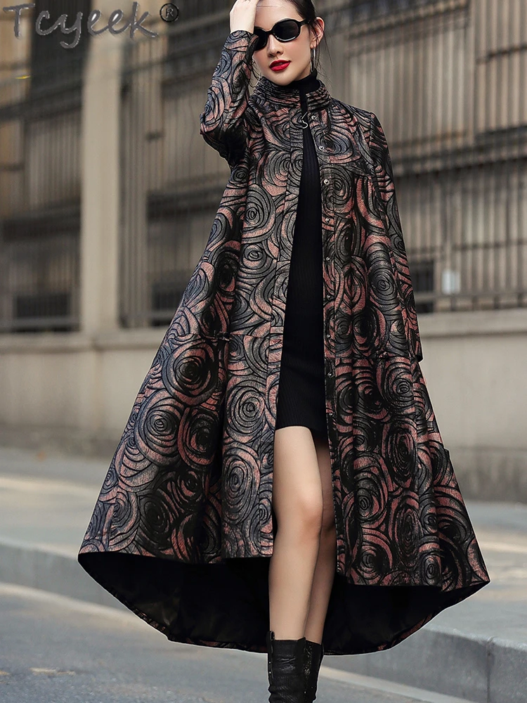 Tcyeek リアルレザージャケット女性天然シープスキンレザーコート秋冬服ミッドレングストレンチコート女性のための 2024