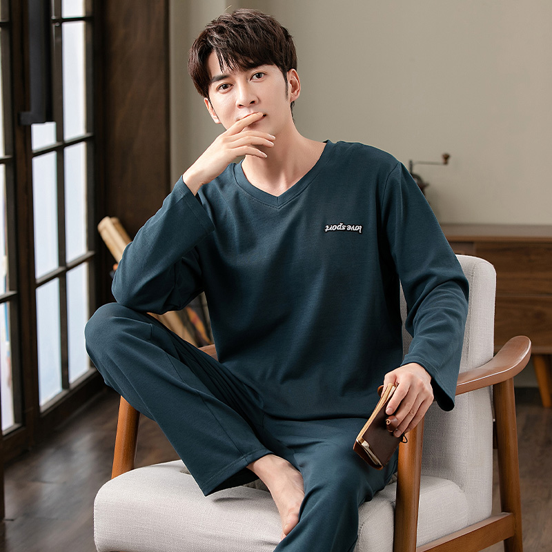 Ensemble pyjama en coton à col en v pour hommes, hauts à manches longues + pantalons longs, vêtements de nuit pour la maison, vêtements de nuit simples à la mode pour hommes, automne