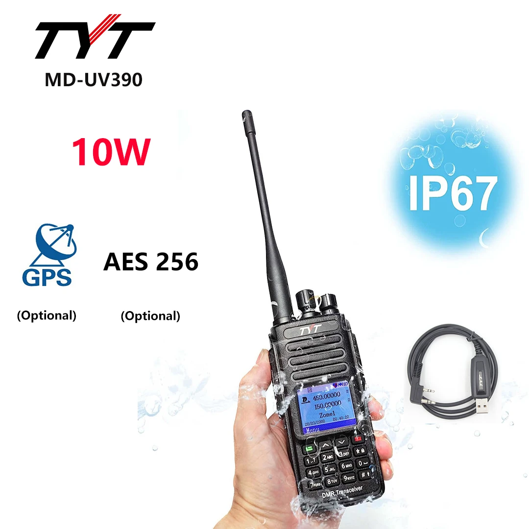 Tyt MD-UV390 10w walkie talkie gps aes 256 zwei wege radio dual band vhf/uhf digital ip67 wasserdicht dmr radio mit kabel