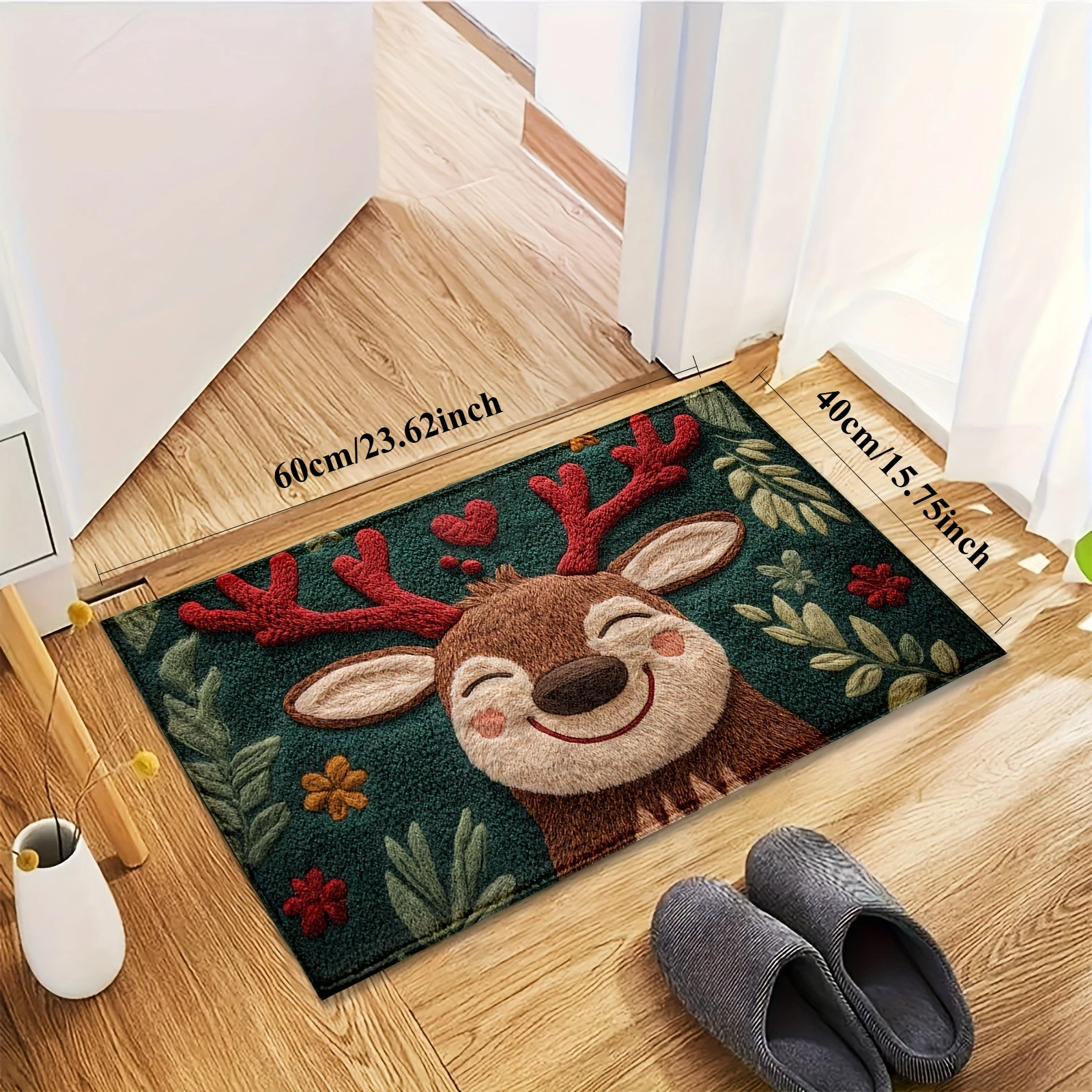 1 tappetino da bagno soffice in microfibra con cervo natalizio, ad asciugatura rapida e assorbente, design festivo con bacche rosse e foglie verdi