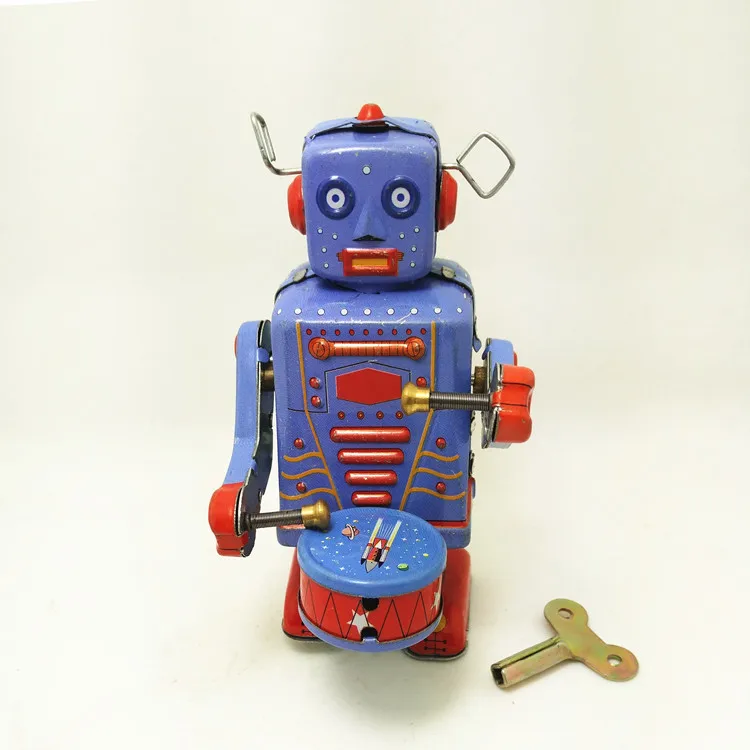 Robô de lata retrô de corda com tambor de gongo, brinquedo mecânico clássico para coleção de presentes de Natal para crianças e brincadeiras divertidas