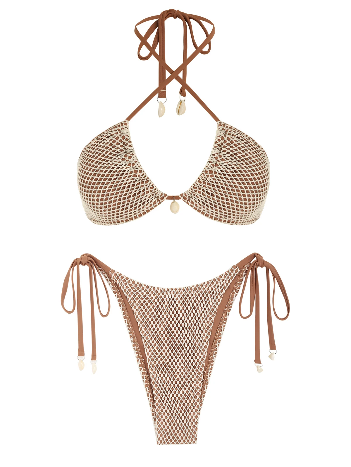 ZAFUL Women's Fishnet Mesh Tie Cami Shell Decor Triangle String Tanga Two Piece Bikini Swimwear