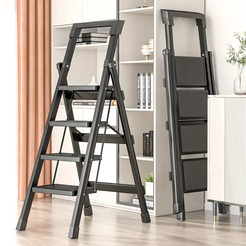 Taburete blanco para escaleras que ahorra espacio, escalera plegable para el hogar, garaje, seguridad en espiga, pedales antideslizantes portátiles, color blanco, 3/4