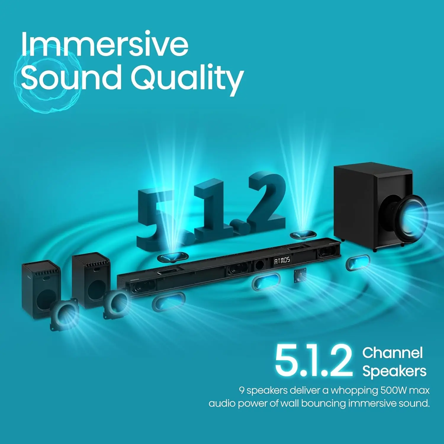 AX5125H 5.1.2Ch Sound Bar with Wireless Subwoofer, 500W, Dolby Atmos, Bluetooth 5.3, EzPlay, 4K HDMI Pass Through