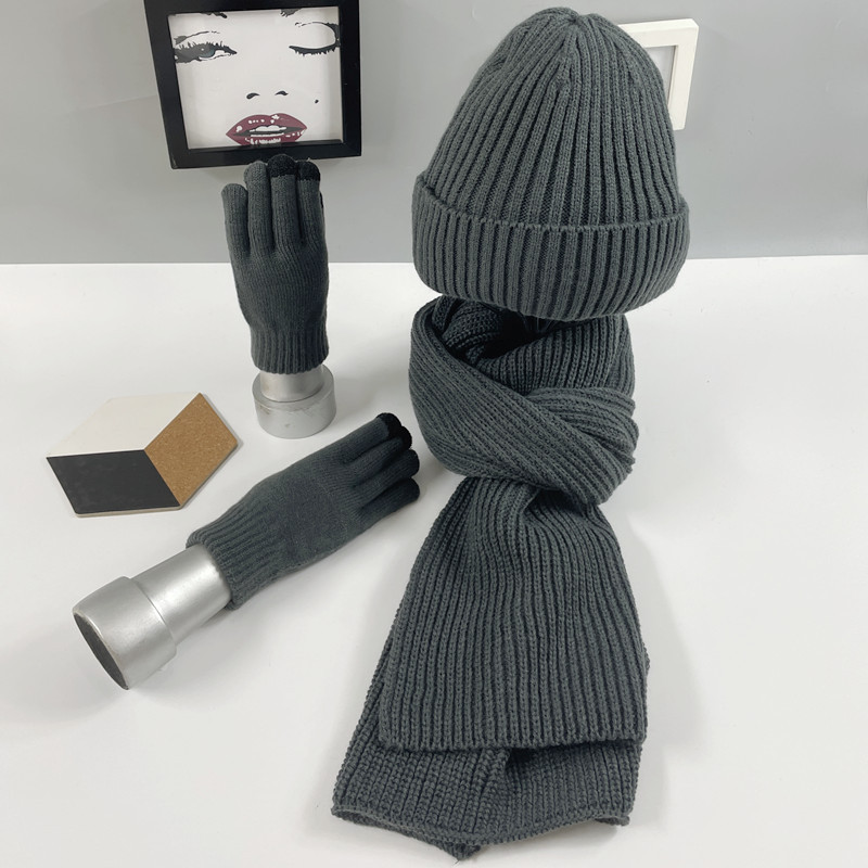 Gorros de punto para mujer, guantes cálidos, bufandas gruesas de lana para exteriores, protección contra el frío, trajes de bufanda, guantes simples sólidos, 3 piezas, Invierno