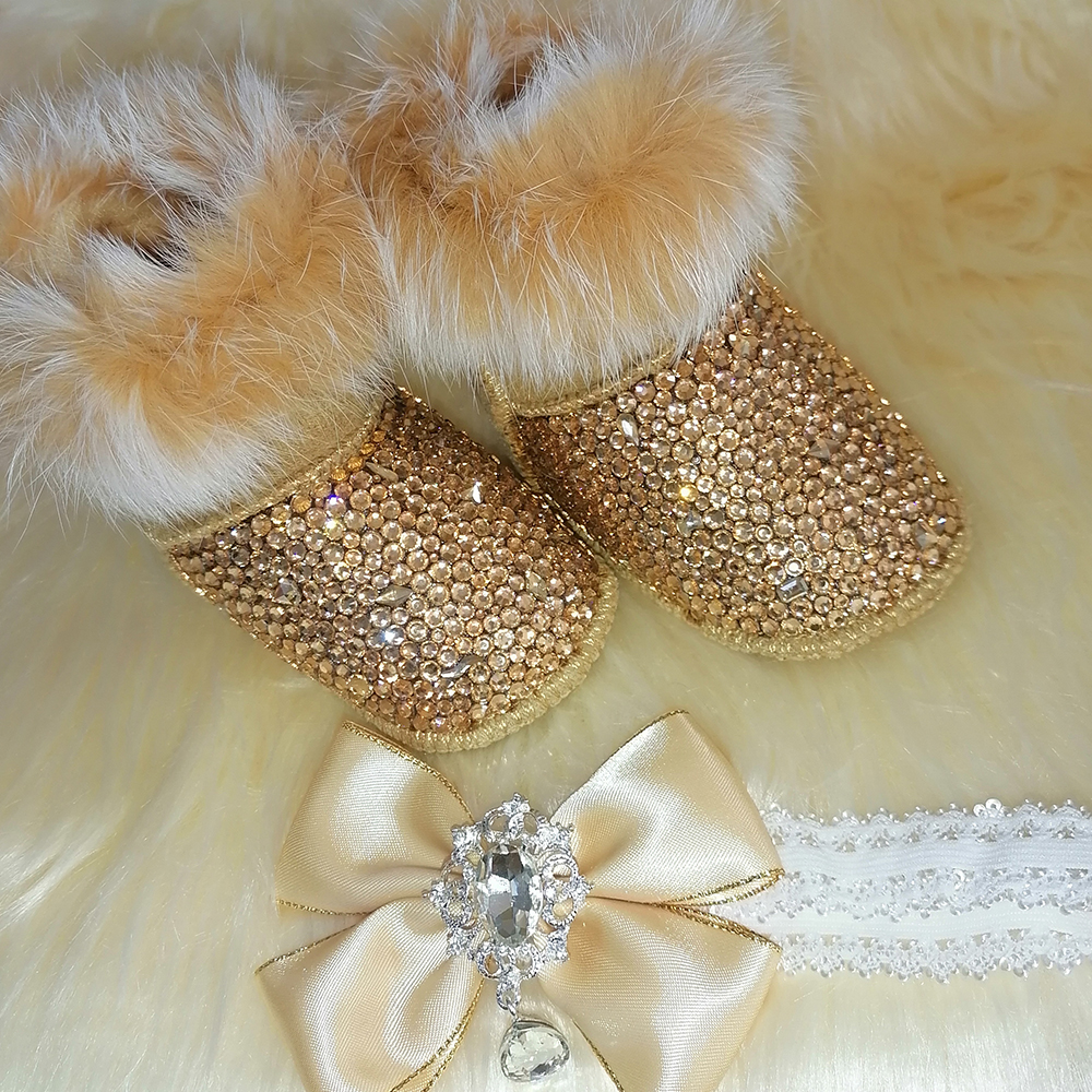 Diadema con lazo hecha a mano, botas de nieve con diamantes de imitación para niña, zapatos de invierno, peine, primer andador, cristal ostentoso, regalo de ducha de princesa