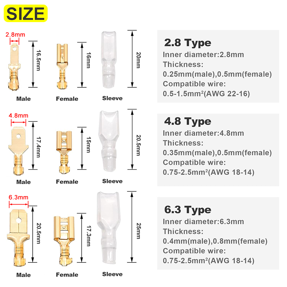Kit de terminales de engarzado de alambre de 2,8/4,8/6,3mm, conectores de pala de cable macho hembra de cobre con caja de conector eléctrico de manga aislada