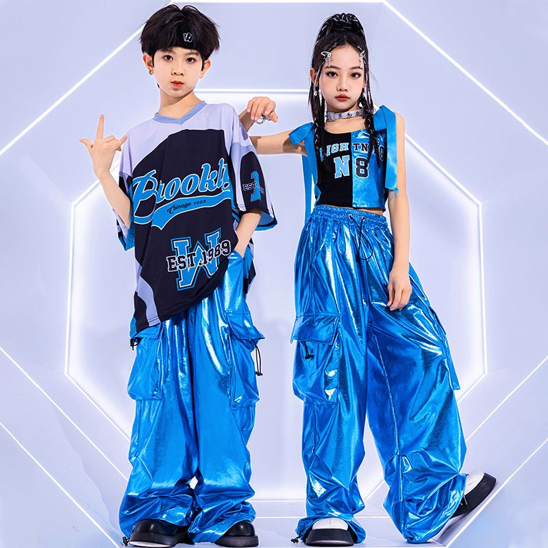 Cool Bright Blue Street Dance เครื่องแต่งกายเด็กแจ๊สเสื้อผ้าแฟชั่นชายหญิง Hip Hop Oversize เสื้อกางเกงรันเวย์แสดงชุด