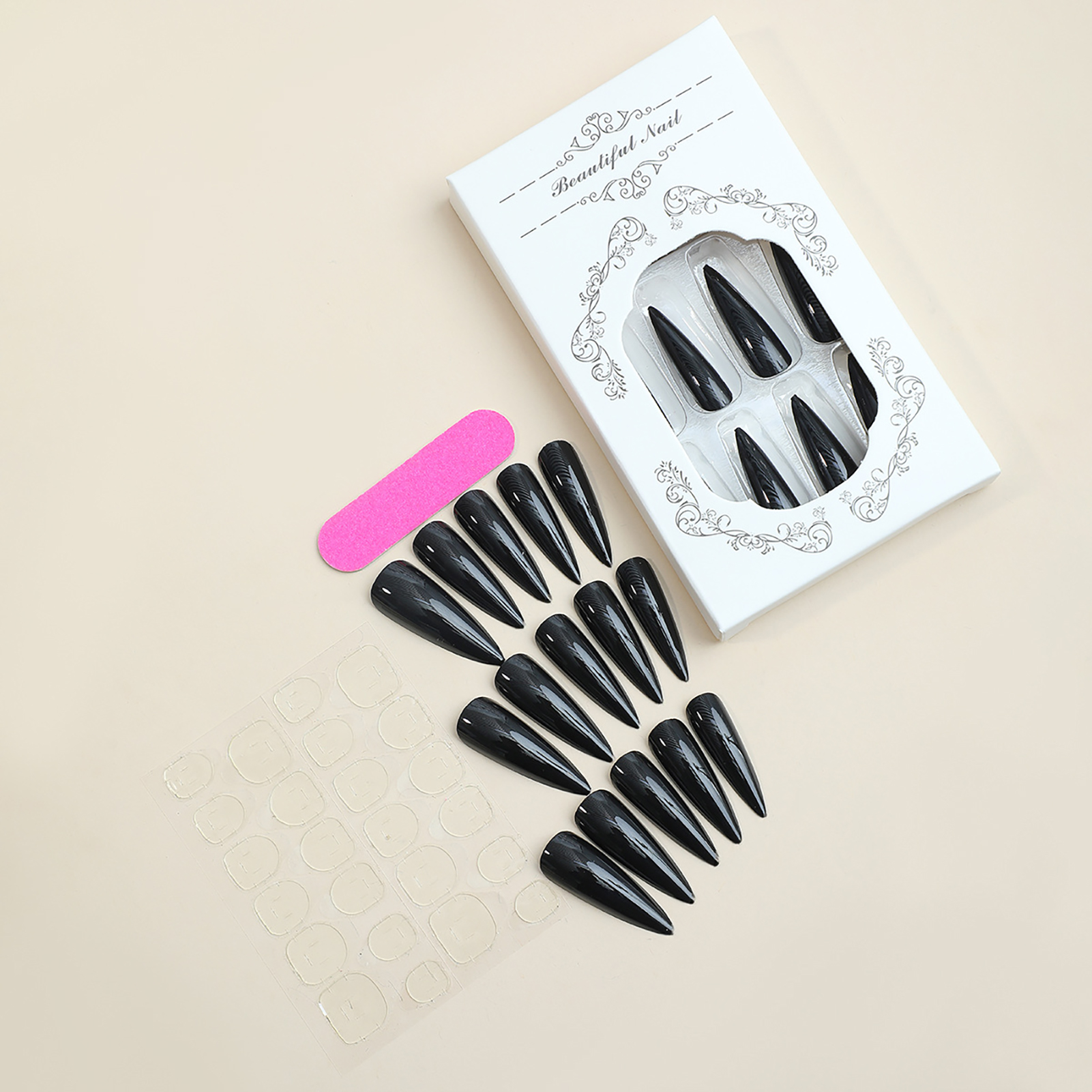 Juego de 24 Uds de uñas postizas negras brillantes, puntas de uñas postizas de Color sólido, Stiletto largo, decoración de uñas artificiales extraíbles, arte de uñas