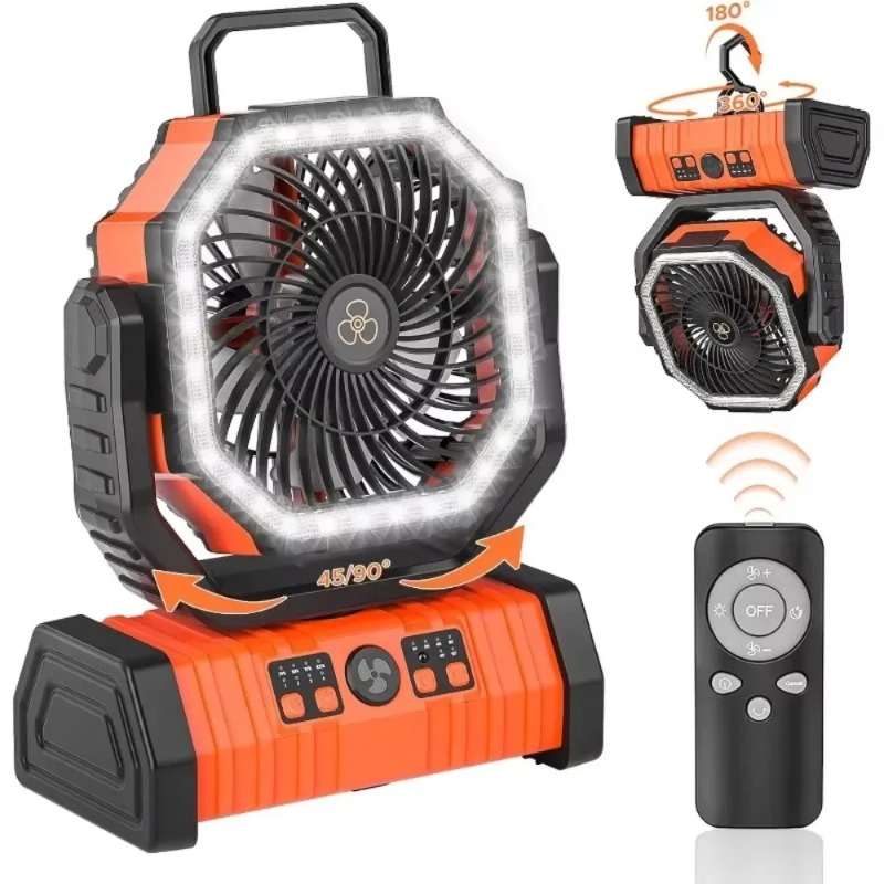 NEW.Rechargeable Camping 20000mAh Auto-Oscillating Battery Operated Fan with Remote/Hook/Timer Fan with LED Lantern,