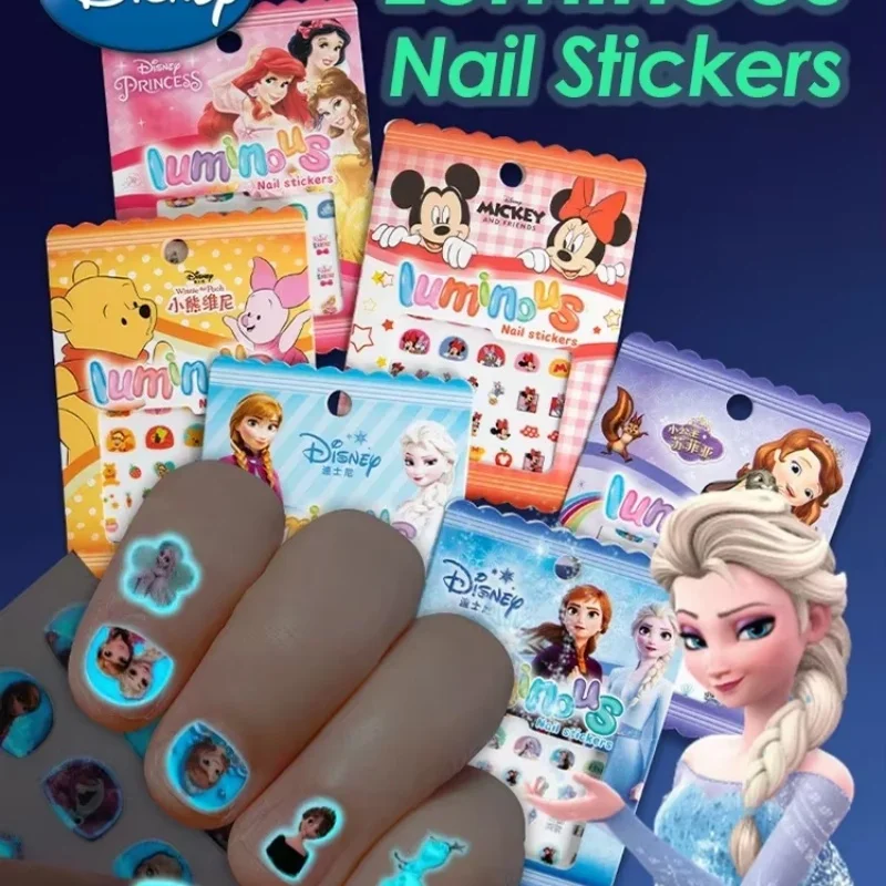 Disney Adesivi per unghie per ragazze e bambini Nightglow Ghiaccio e neve Romance Principessa Elsa Adesivi per unghie Giocattoli adesivi per cartoni animati