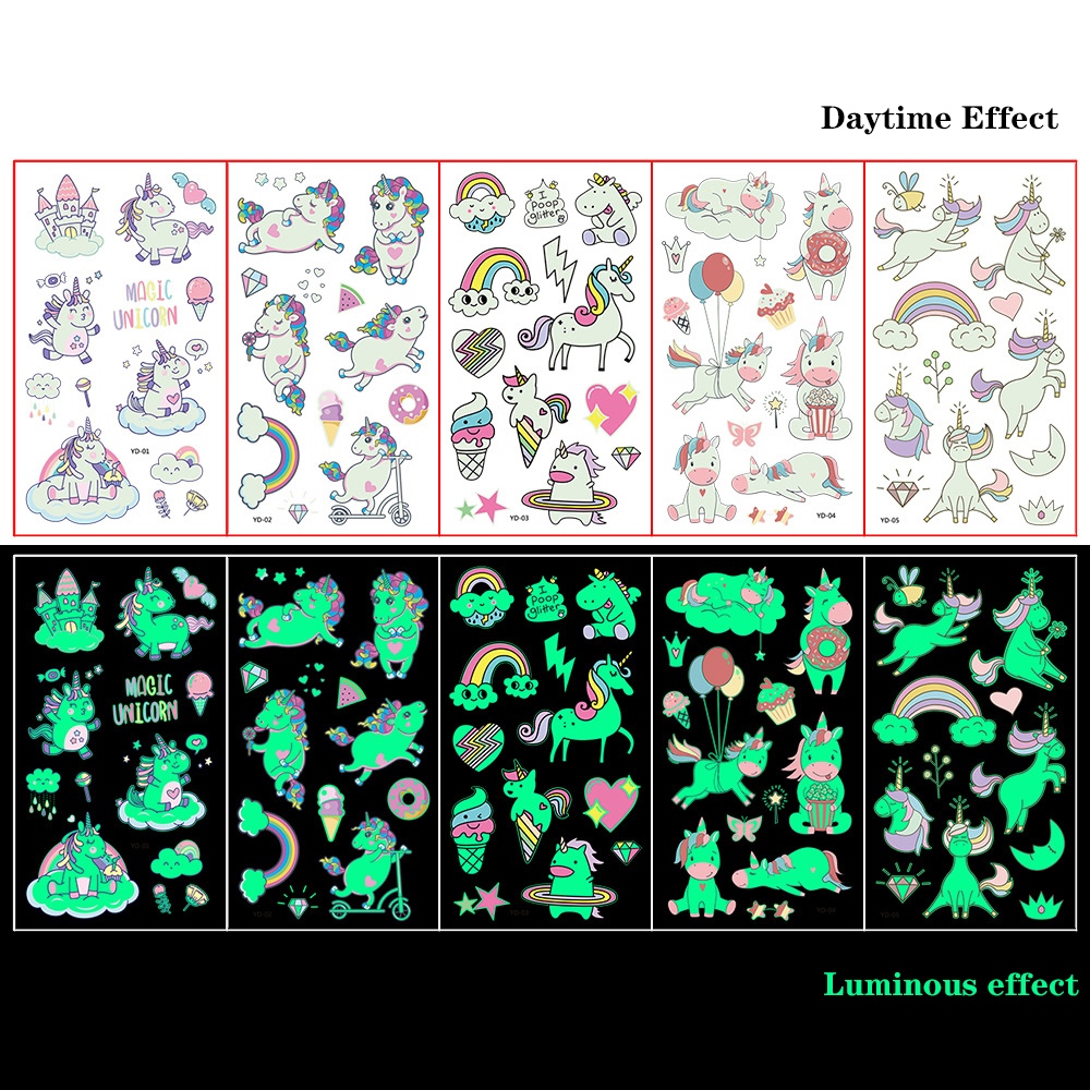5 stks Groene Lichtgevende Glow Leuke Eenhoorn Waterdichte Tijdelijke Tattoo Stickers Droom Gezicht Arm Partij Decoratie Flash Tatto Body Art