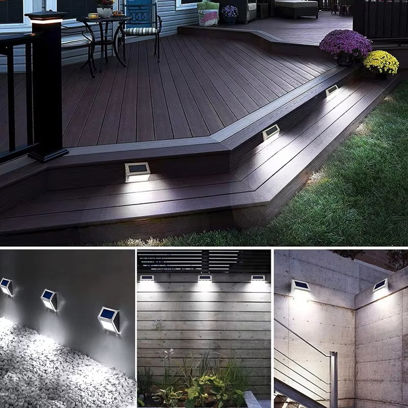 3LED Step Light สแตนเลสไฟรั้วพลังงานแสงอาทิตย์กันน้ํากลางแจ้ง LED โคมไฟติดผนังไฟดาดฟ้าสําหรับบันไดรั้วสวน Patio